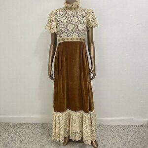 Couriers California‎ Vintage 70s Cottage Core Prairie Maxi Dress Sz S 7/8 Velvet